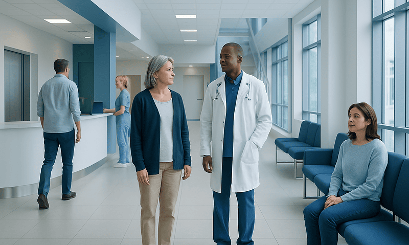 Doctor talking to a patient in a hospital corridor with waiting area seats.