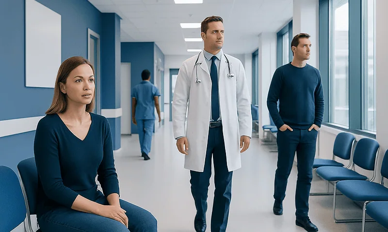 Medical professionals and patients in a hospital corridor.