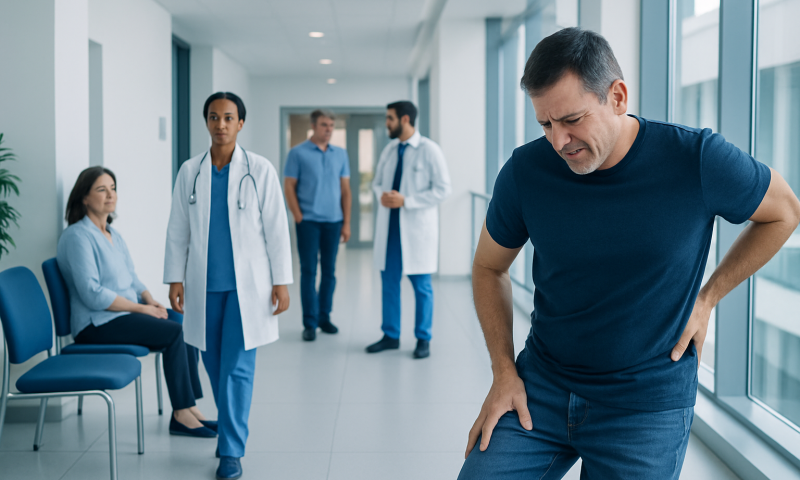 Lower Back and Hip Pain Explained: Common Triggers and Red Flags 5 Man experiencing lower back pain in a hospital corridor with medical staff nearby.