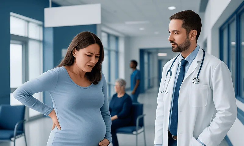 Pregnant woman experiencing back pain during a medical consultation at a hospital.