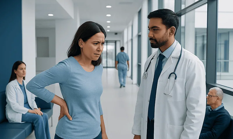 Doctor examines woman with back pain in hospital corridor.