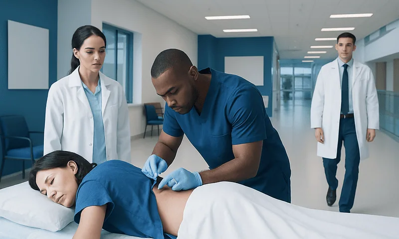 Health Library 2 Doctor performs lumbar puncture on patient in hospital setting.
