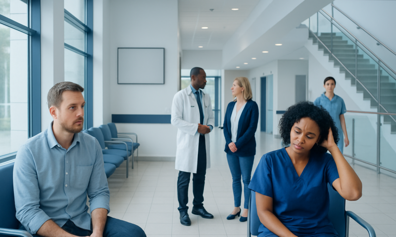 Patients and medical staff in a hospital waiting area.