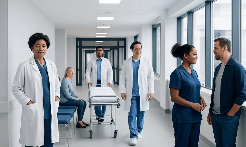 Healthcare professionals and patients in a hospital corridor at Acibadem Hospitals Group.