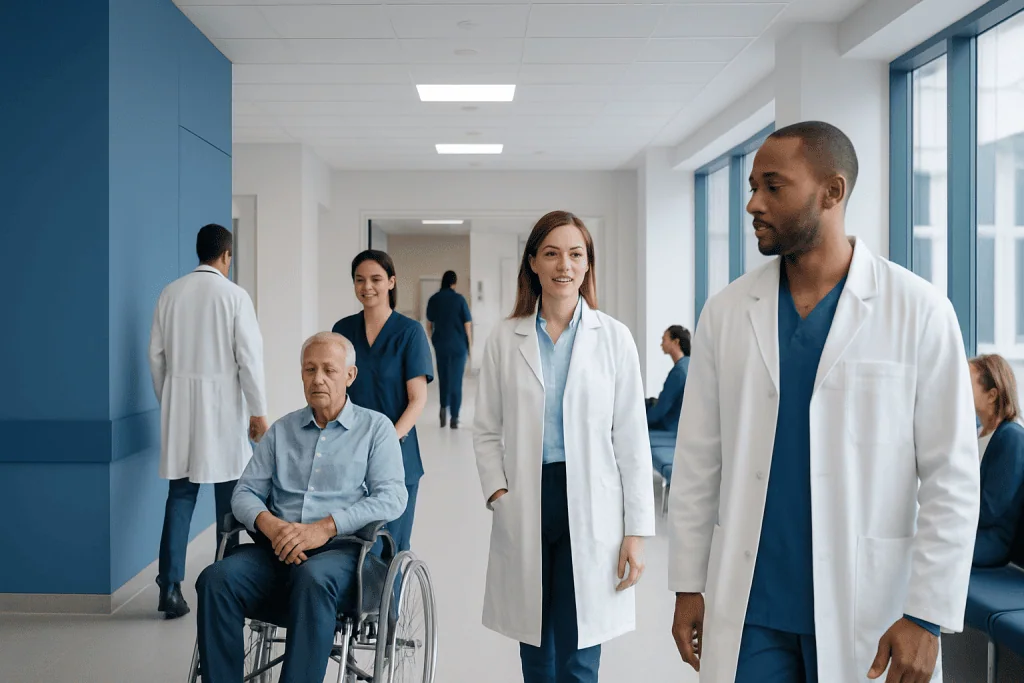 Meat Temperatures: An Evidence-Based Guide for Patients 1 Medical team walking in hospital corridor with patient in wheelchair.