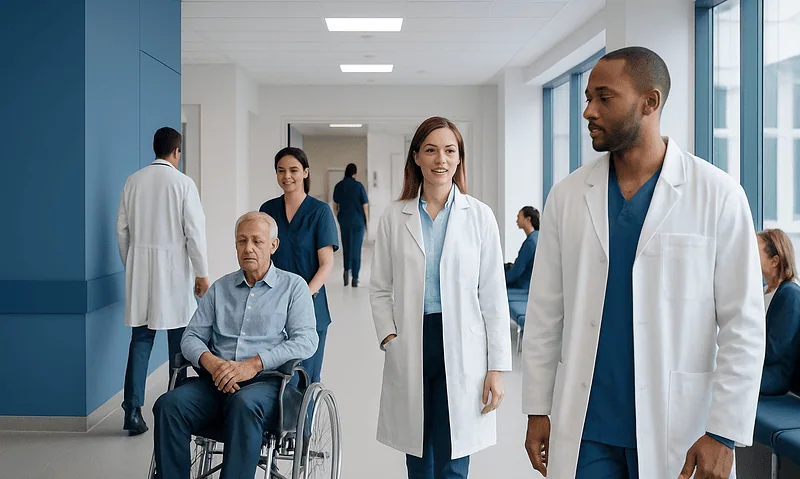 Medical team walking in hospital corridor with patient in wheelchair.