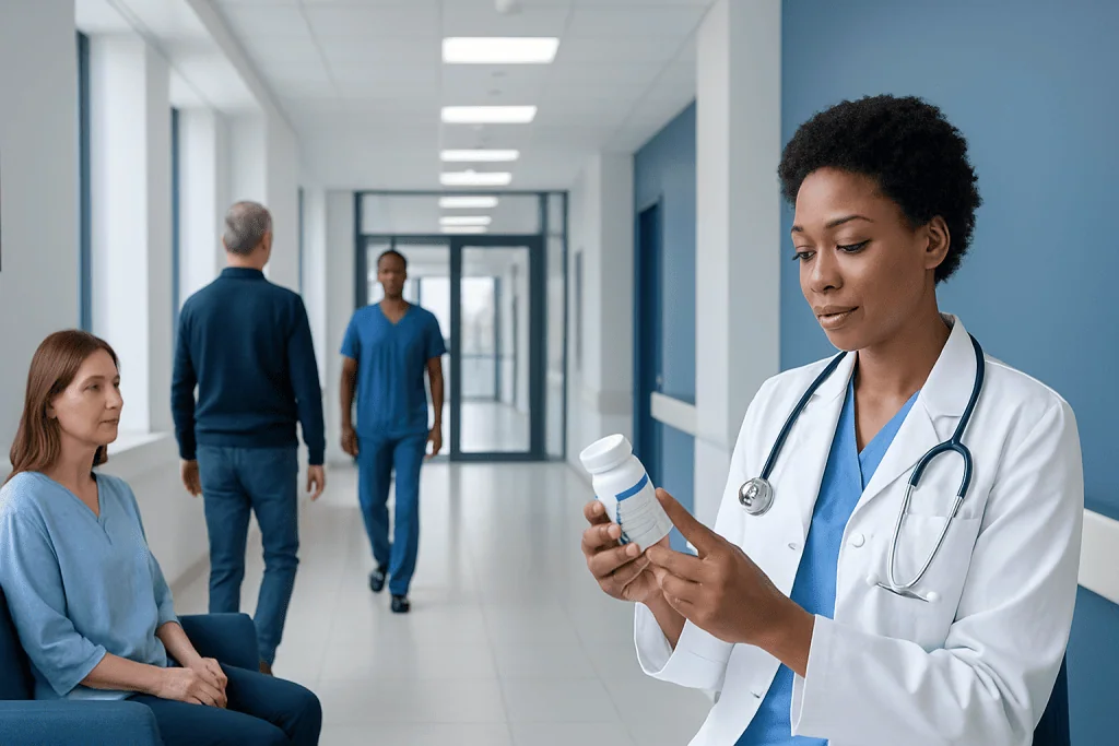 How to Read a Medication Label and Avoid Dosing Mistakes 1 Healthcare professional reading medication label in hospital corridor.