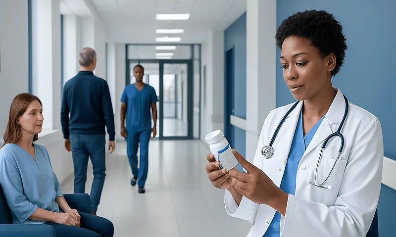Healthcare professional reading medication label in hospital corridor.