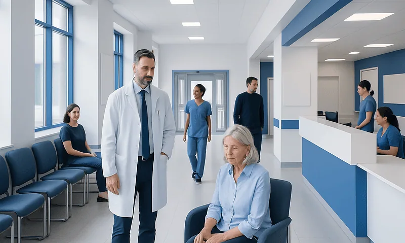 Medical staff and patient in a modern hospital waiting area.