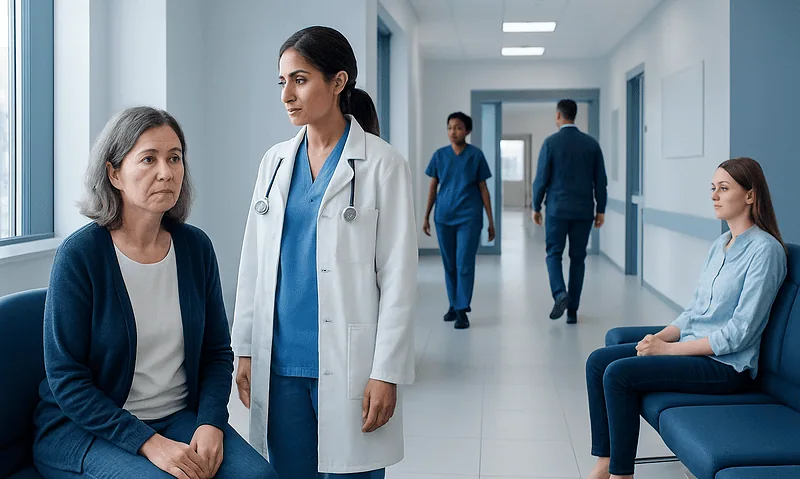 Doctor consulting with an elderly woman in hospital corridor.