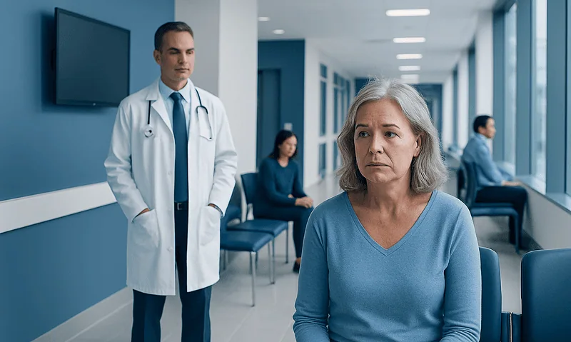 Doctor consulting with a worried middle-aged woman in a hospital corridor.