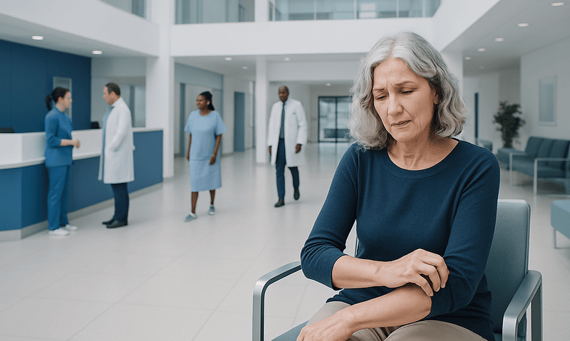 Woman experiencing discomfort in a hospital waiting area.