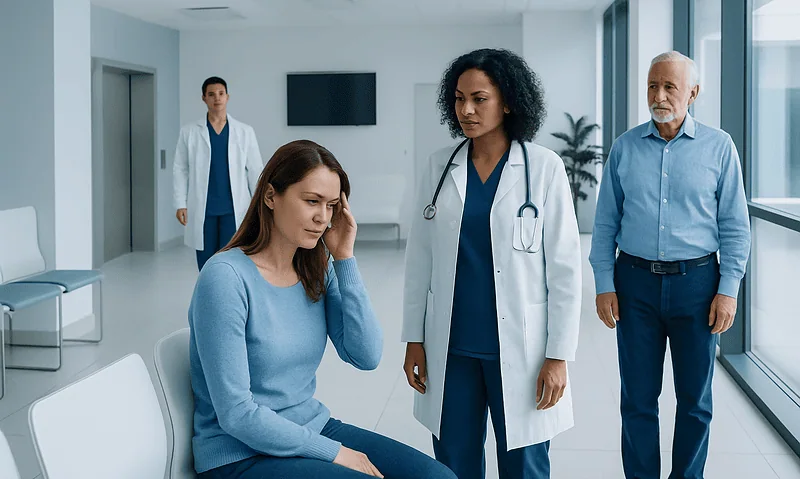 Migraine or Vascular Neurological Problem? How Doctors Tell the Difference 18 Patient experiencing headache in hospital consultation room with doctors present.