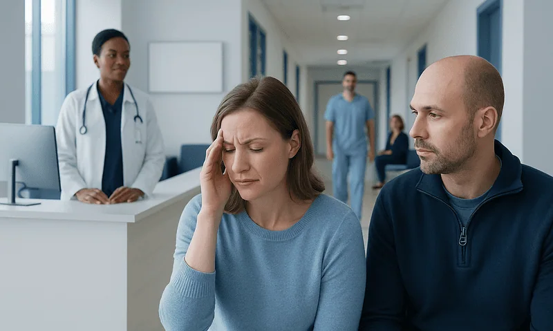 Patient experiencing headache in a hospital corridor with medical staff nearby.