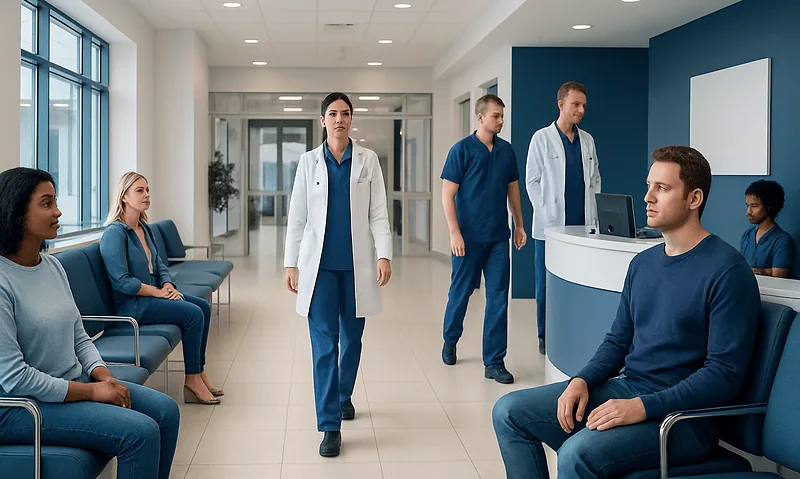 Medical staff and patients in a hospital waiting area at Acibadem Hospitals Group.