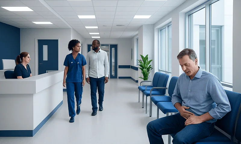 Why am i so gassy in the morning? A Doctor-Reviewed Answer 12 Patient experiencing stomach pain in hospital corridor with medical staff nearby.