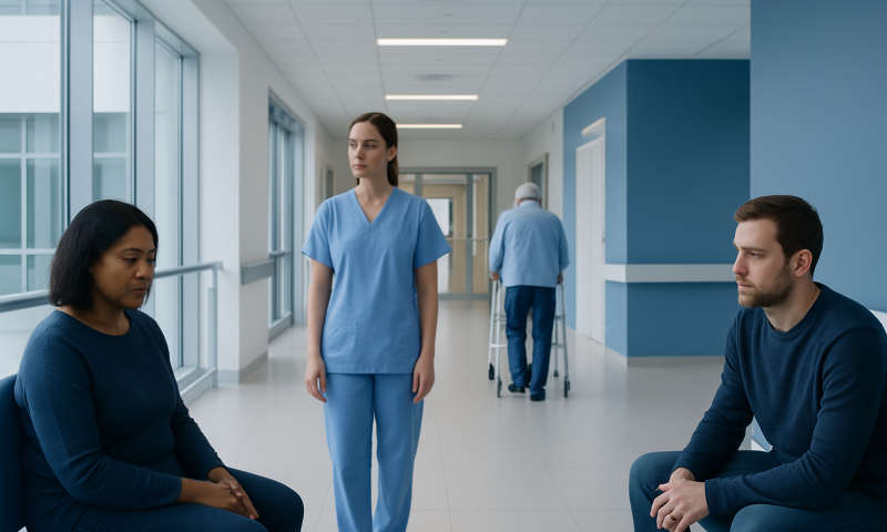 Medical professionals in a hospital corridor during a consultation.