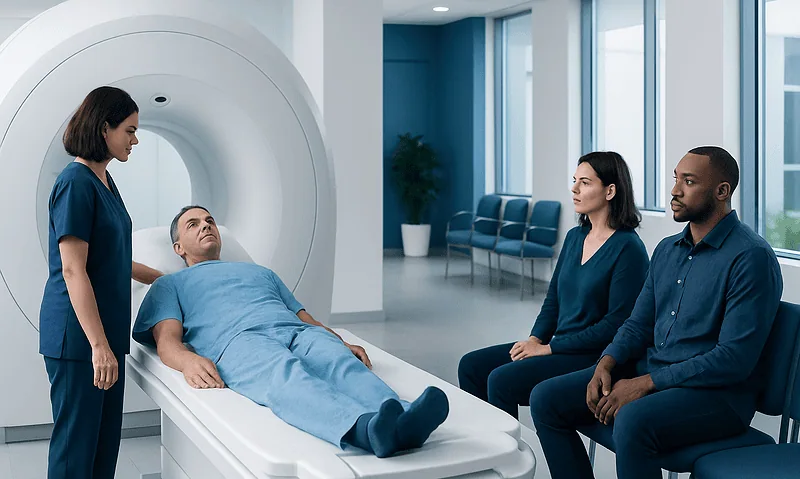 Patient undergoing MRI scan in a modern hospital setting.
