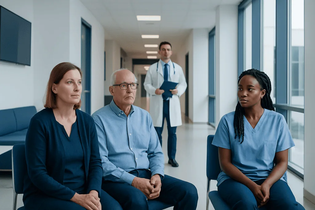 Multiple Sclerosis vs Neuromyelitis Optica: Why the Diagnosis Matters 1 Patients waiting in a hospital corridor for neurological consultation.