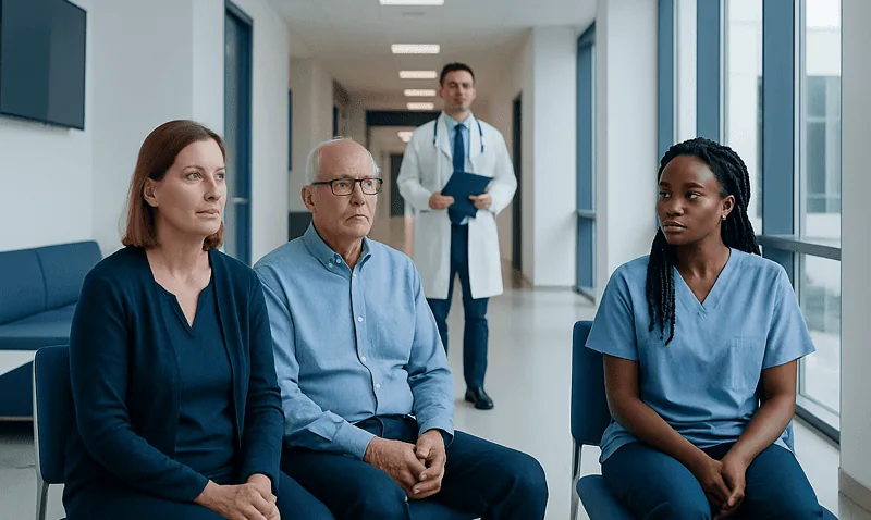 Patients waiting in a hospital corridor for neurological consultation.