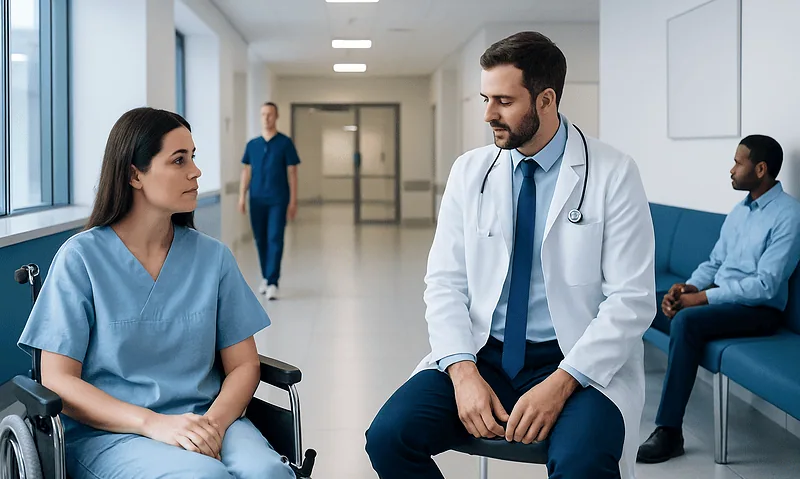 Doctor consulting female patient in hospital corridor.