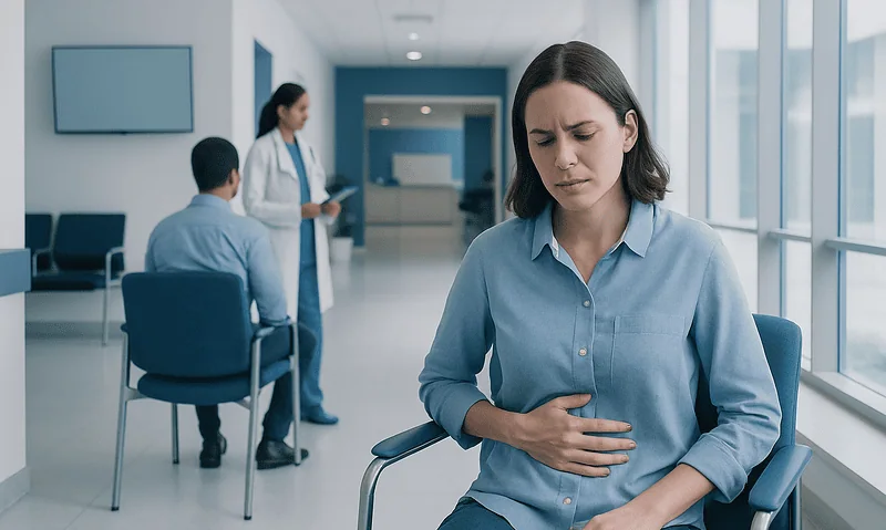 Young woman experiencing nausea in a hospital waiting area.
