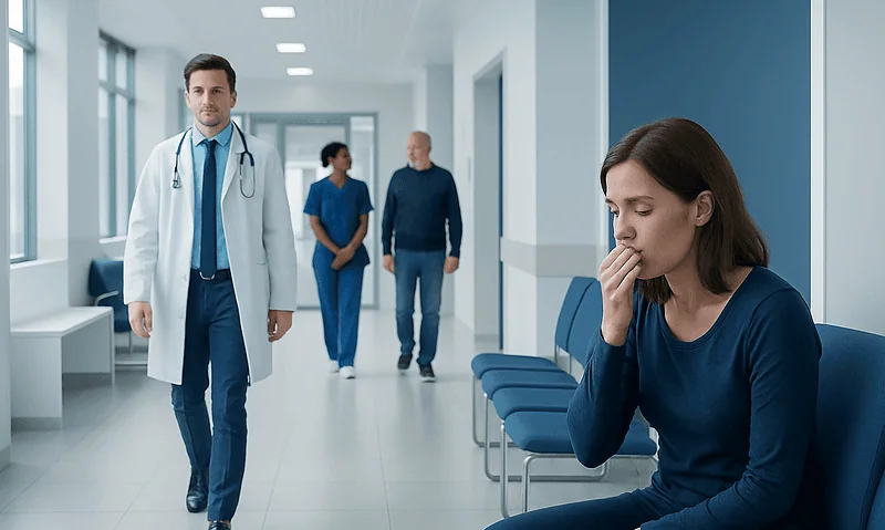 Patient experiencing nausea in hospital corridor with medical staff nearby.