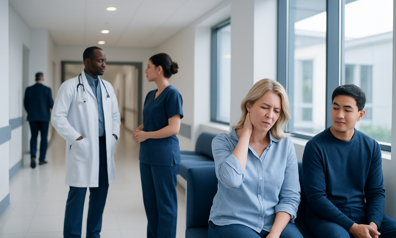 Patient experiencing neck pain in a hospital waiting area.