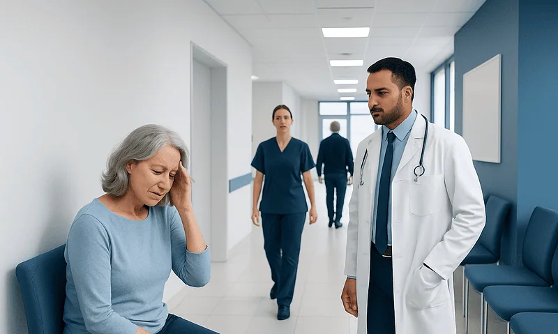 Patient experiencing dizziness in a hospital corridor with medical staff nearby.