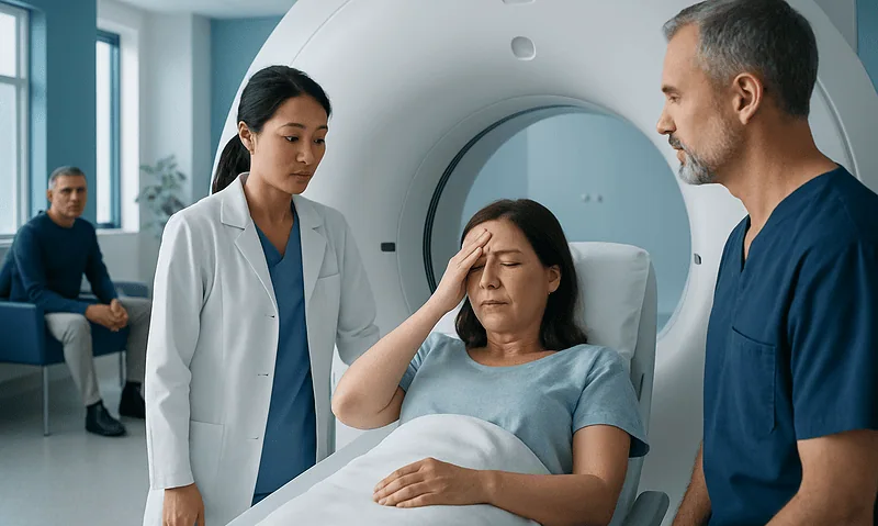Patient undergoing a brain MRI scan at Acibadem Hospital with medical staff present.