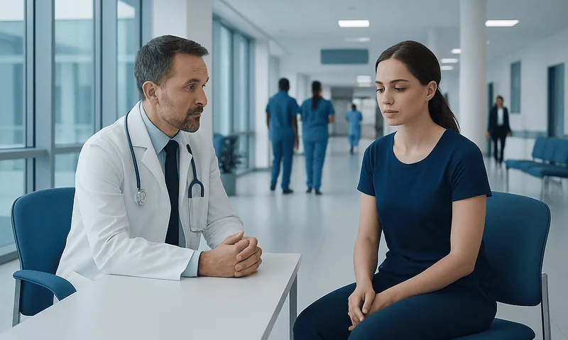 Doctor consulting a patient in a hospital corridor.