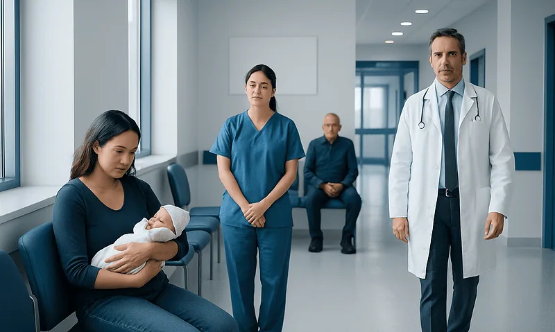 Newborn baby with mother in hospital waiting area with medical staff.