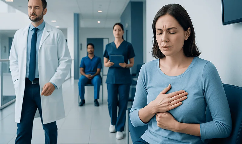 Woman experiencing chest pain in a hospital corridor with medical staff nearby.