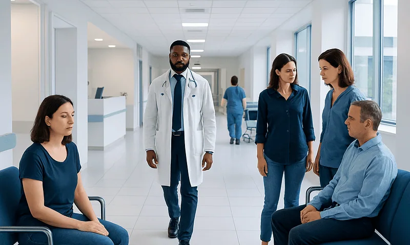 Medical team consulting in hospital corridor with patient.