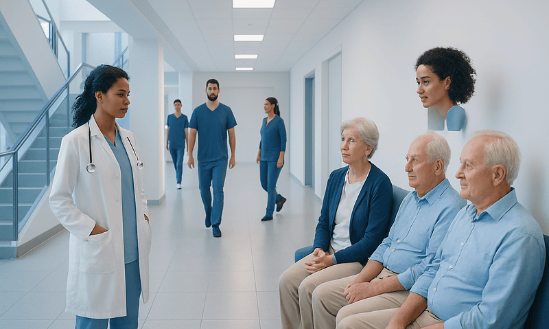 Medical team consulting elderly patients in hospital corridor.