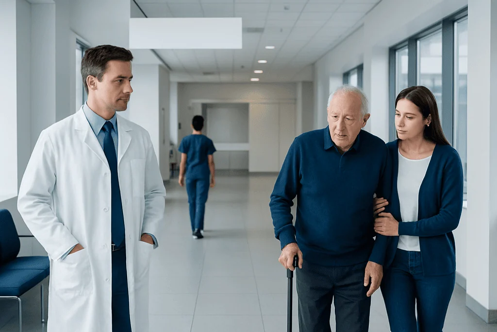 NPH vs Parkinson’s: Why Walking and Balance Symptoms Can Be Misleading 1 Doctor talking to elderly patient and caregiver in hospital corridor.