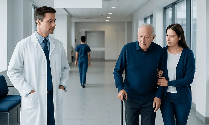 Doctor talking to elderly patient and caregiver in hospital corridor.