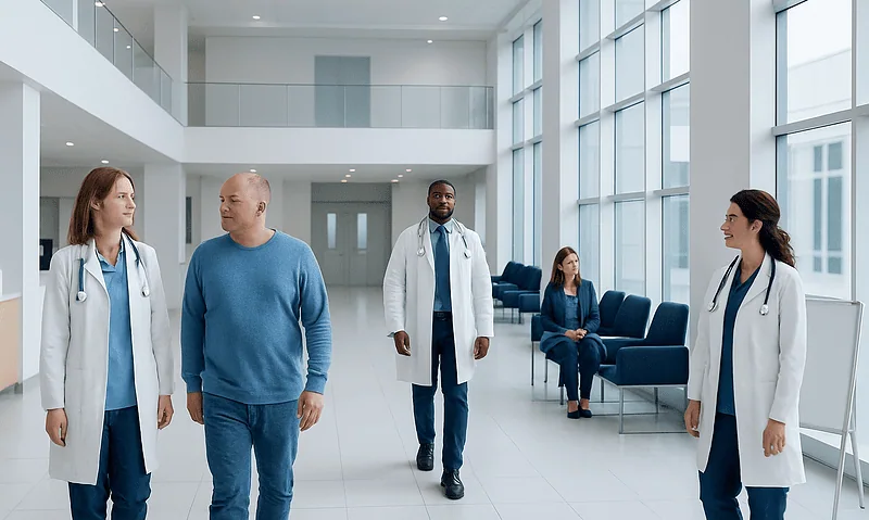 Medical professionals and patient in a modern hospital lobby.