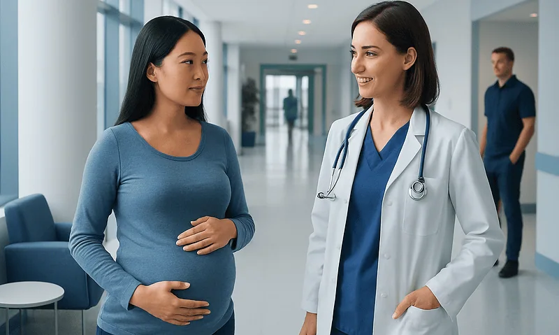 Pregnant woman consulting with a doctor in a hospital corridor.