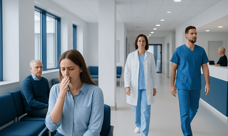 Young woman smelling her breath in a hospital corridor with medical staff nearby.