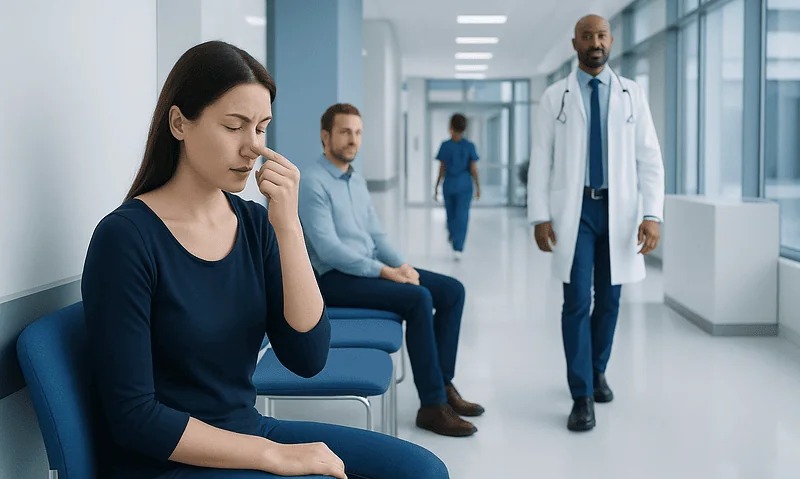 Patient experiencing nasal congestion in a hospital corridor.