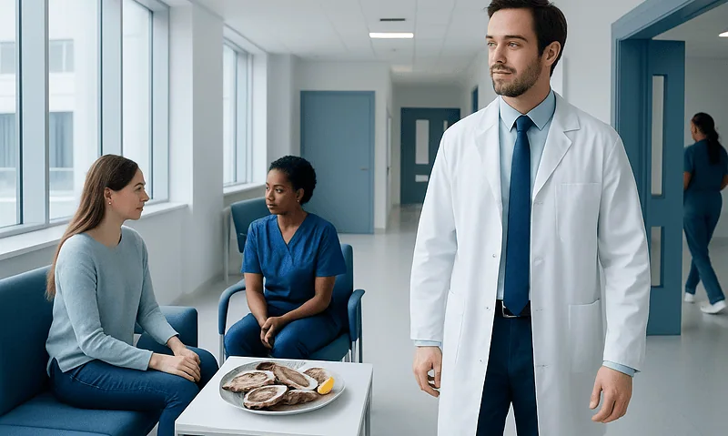 Doctor consulting with two patients in a hospital corridor.