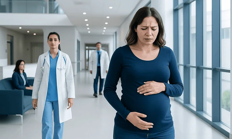 Pregnant woman experiencing discomfort in a hospital corridor.