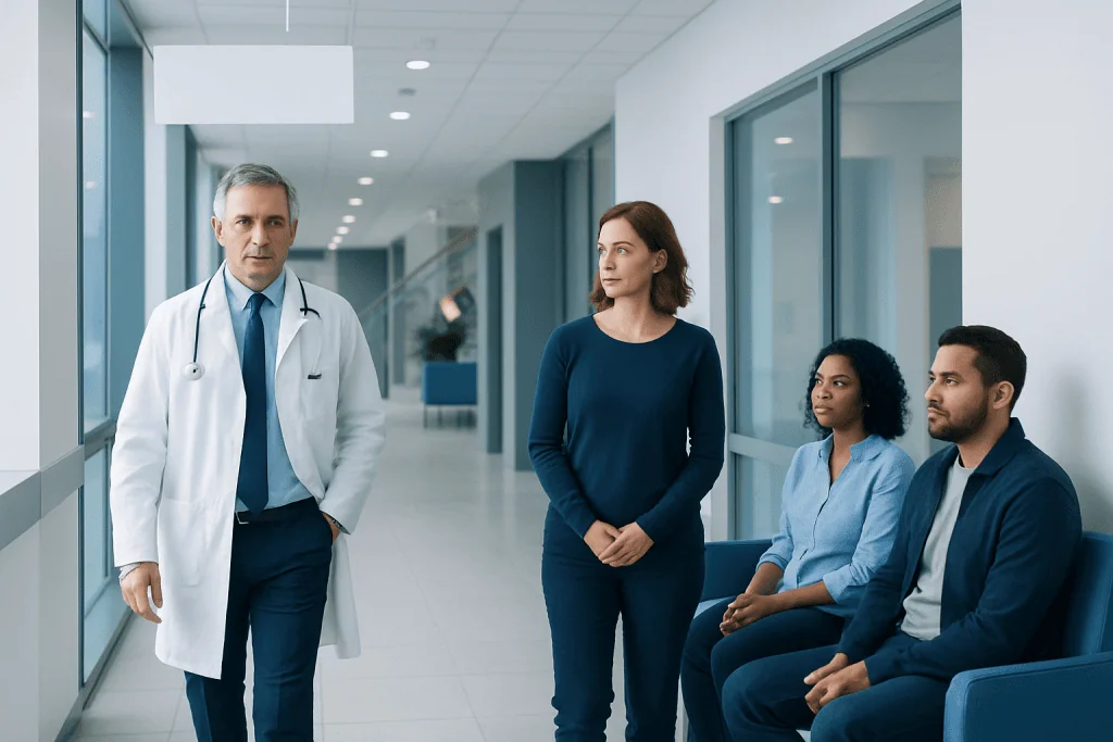 Parathyroid Surgery: What to Expect for High Calcium Levels 1 Doctor talking to patients in hospital corridor.