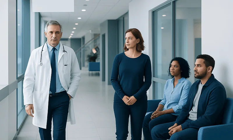 Doctor talking to patients in hospital corridor.