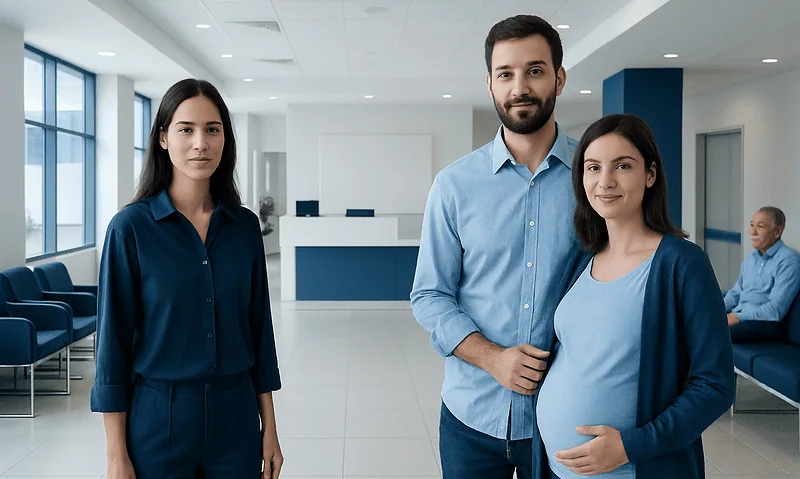 Pregnant woman with partner and healthcare professional in hospital lobby.
