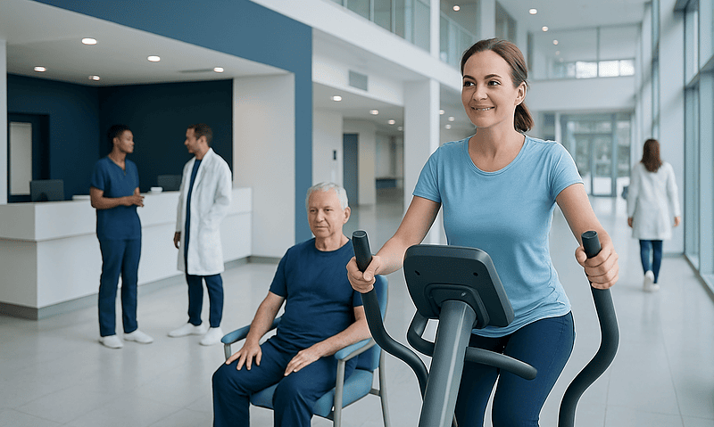 Woman exercising on elliptical trainer in hospital lobby with medical staff nearby.