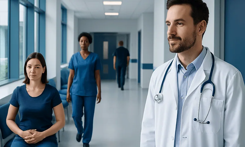 Medical team in hospital corridor with doctor and nurses.