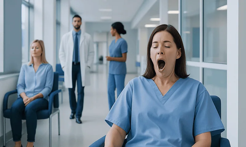 Young woman yawning in a hospital corridor with medical staff in the background.
