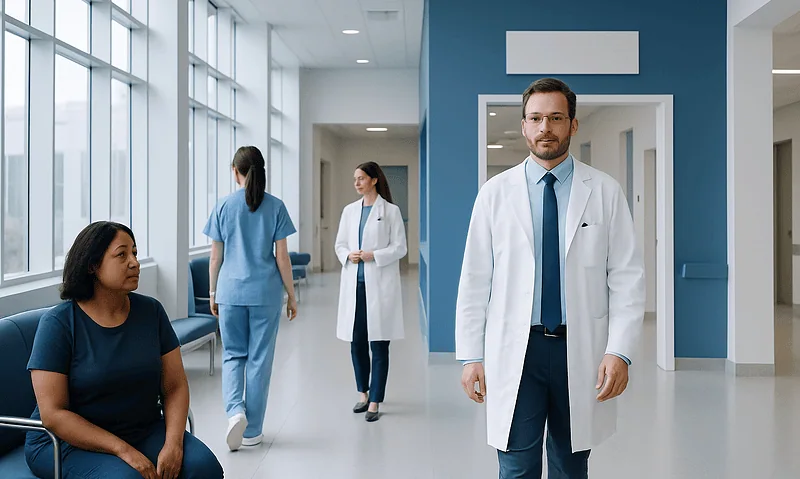 Medical professionals and patient in a hospital corridor at Acibadem Hospitals Group.